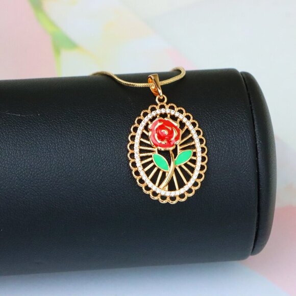 "Rose Gold Oval Pendant with Red Rose and Green Leaf Enamel Design, XPPT1379 - Picture 6 of 13